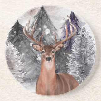 Posavasos Deer Buck Watercolor Winter Forest Stone Coaster