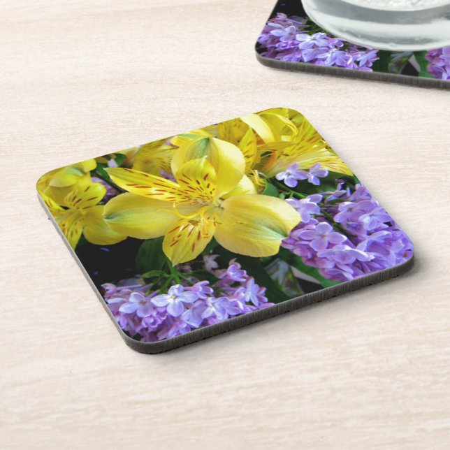 Posavasos Deportes amarillos y flores moradas de lino (Lado Izquierdo)