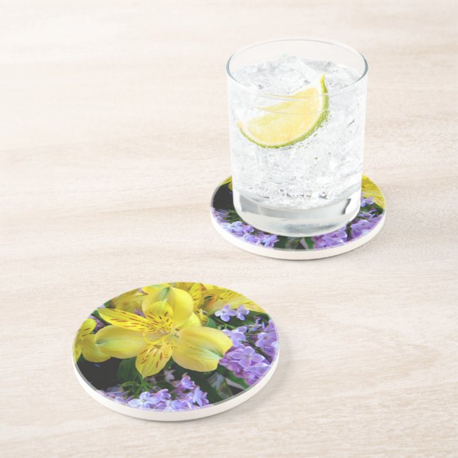 Posavasos Deportes amarillos y flores moradas de lino (Lado)