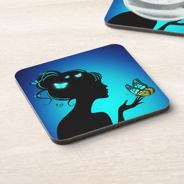 Posavasos Dessous-de-verre La femme papillons bleues (Lado Izquierdo)