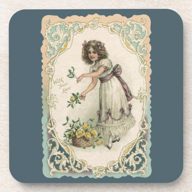 Posavasos Día de San Valentín antiguo, chica victoriana con  (Frente)