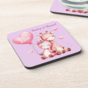 Posavasos Día de San Valentín Cute Giraffes sosteniendo un g