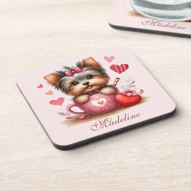 Posavasos Día de San Valentín Cute Yorkshire Terrier Dog (Lado Izquierdo)