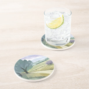Posavasos Día Lluvioso Paisaje de Colinas de Acuarela de l