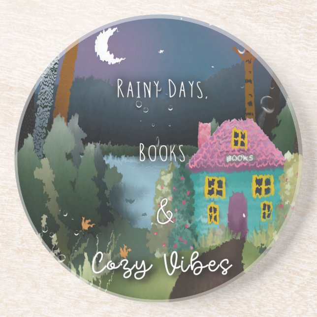 Posavasos Días lluviosos, libros y acogedores videos pintado (Frente)