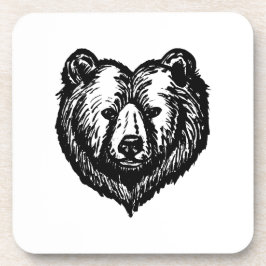 Posavasos Dibujo a tinta de la cara de oso en blanco y negro