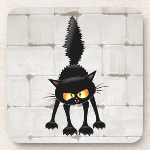 Posavasos Dibujo de gato negro divertido y fiero 