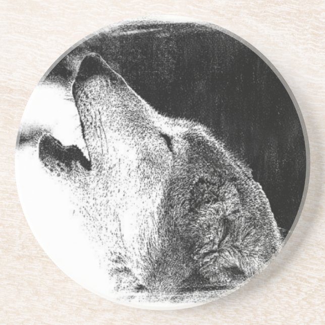 Posavasos Dibujo de sketch de lobo gris negro y blanco (Frente)