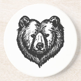Posavasos Dibujo de tinta de la cara del oso en blanco y neg