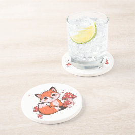 Posavasos Dibujo de zorro Kawaii lindo con hongos