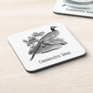 Posavasos Dibujo en blanco y negro de faisán vintage ave de