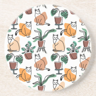 Posavasos Dibujo en línea de gatos y flores