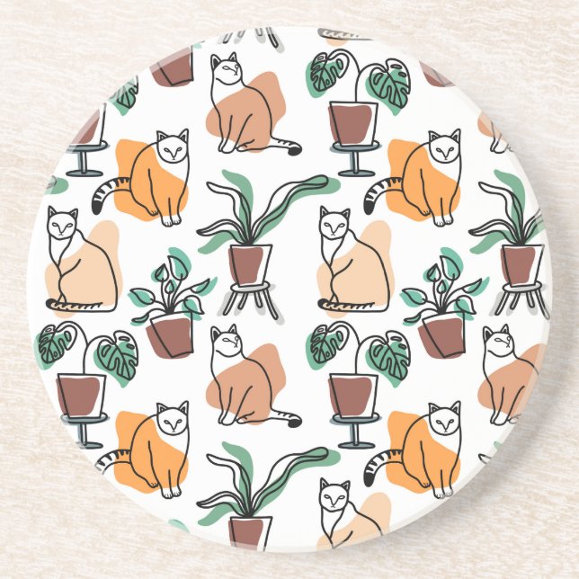 Posavasos Dibujo en línea de gatos y flores (Frente)