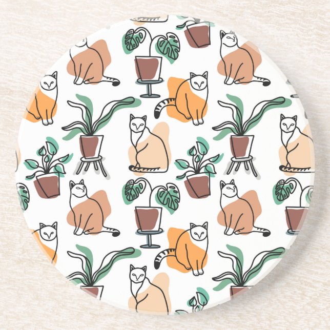 Posavasos Dibujo en línea de gatos y flores (Frente)