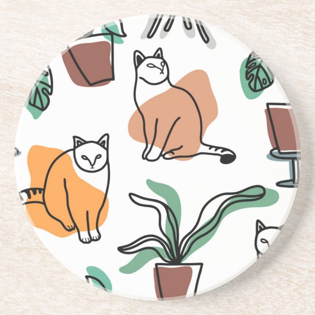 Posavasos Dibujo en línea de gatos y flores (Frente)