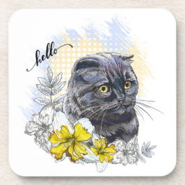 Posavasos Dibujo manual gracioso gato negro británico con fl