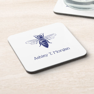 Posavasos Dibujo vintage de abeja reina en azul
