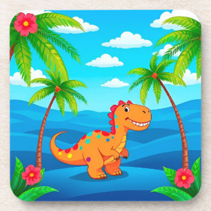 Posavasos Dinosaurio de dibujos animados en una escena tropi