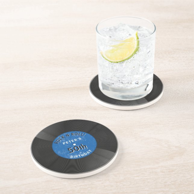 Posavasos Disco de vinilo retro Rock N Roll cumpleaños azul (Lado)