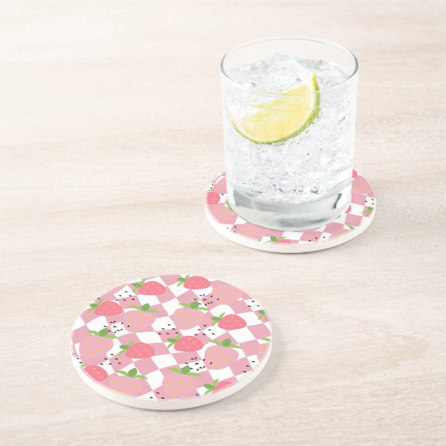 Posavasos Diseño a cuadros de fresas de cocina rosa Guay (Lado)