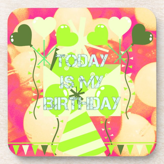 Posavasos Diseño alegre para la celebración: Hoy es mi cumpl (Frente)