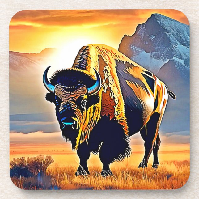 Posavasos Diseño artístico de Sunset Mountain Bison (Frente)