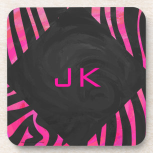 Posavasos Diseño de cebra en negro y rosa caliente monograma