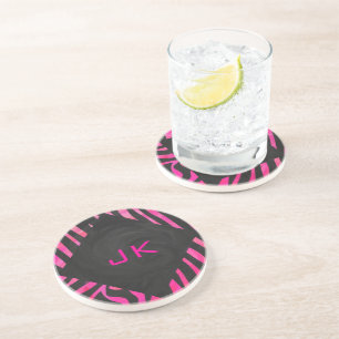 Posavasos Diseño de cebra en negro y rosa caliente monograma