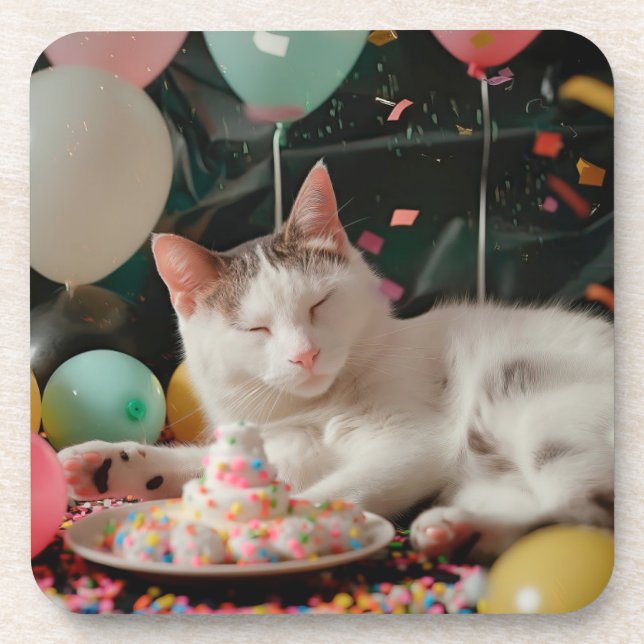 Posavasos Diseño de celebración de cumpleaños de gatos adora (Frente)