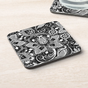 Posavasos Diseño de encaje floral de color blanco y negro el