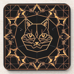 Posavasos Diseño de gato geométrico con líneas doradas