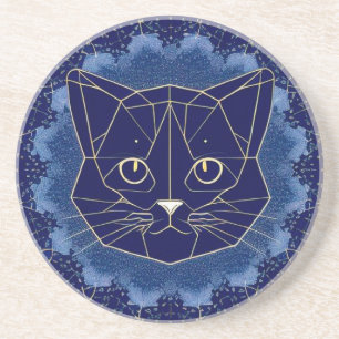 Posavasos Diseño de gato geométrico rodeado de estrellas dor