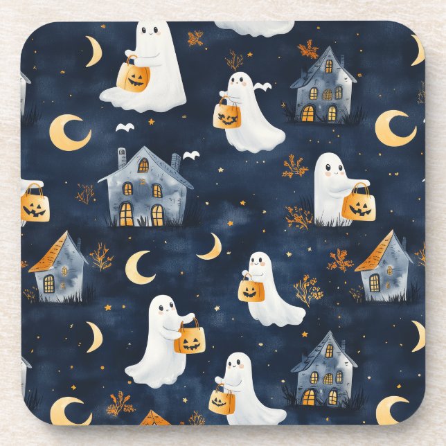 Posavasos Diseño de Halloween con fantasmas y calabazas (Frente)