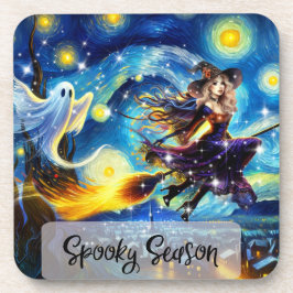 Posavasos Diseño de Halloween embrujado de Noche estrellada