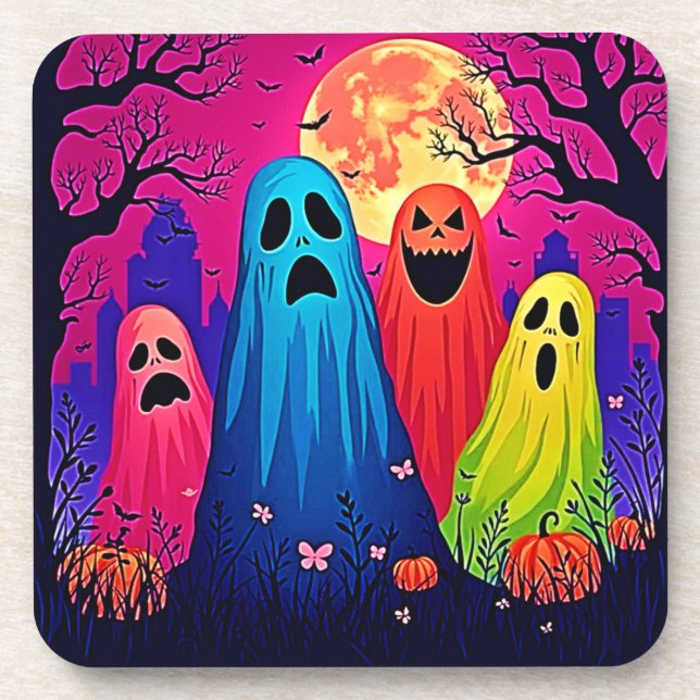 Posavasos Diseño de la fiesta de Halloween de Neon Ghosts (Frente)