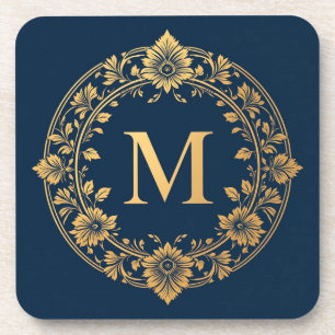 Posavasos Diseño de Monograma Floral Dorado Elegante