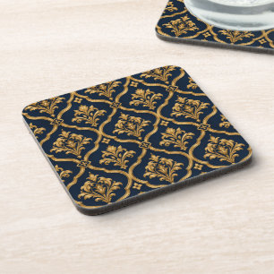 Posavasos Diseño de Motivo Vintage de Damasco Dorado y Azul 
