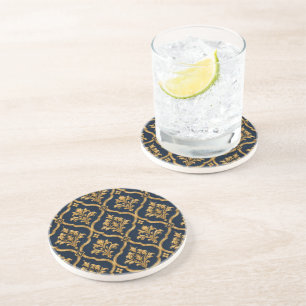 Posavasos Diseño de Motivo Vintage de Damasco Dorado y Azul 