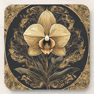 Posavasos Diseño de Orquídea Dorada Elegante