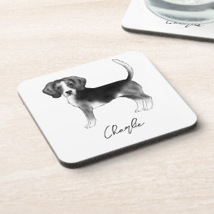 Posavasos Diseño de perro Beagle en negro y blanco con texto