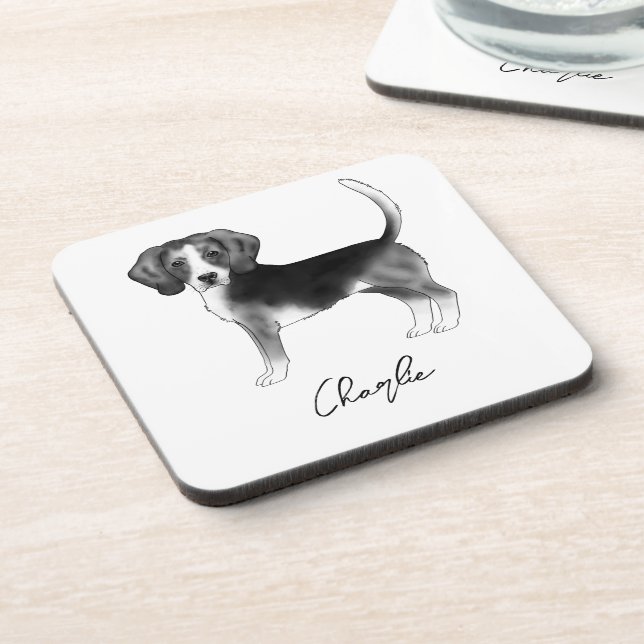 Posavasos Diseño de perro Beagle en negro y blanco con texto (Lado Izquierdo)