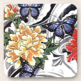 Posavasos Diseño de tatuaje de peonía amarilla y mariposa