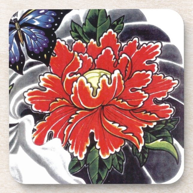 Posavasos Diseño de tatuajes japoneses con flores de Peony (Frente)