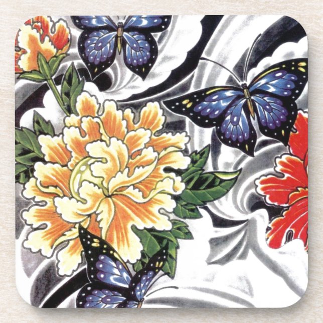 Posavasos Diseño de tatuajes para peones amarillos y maripos (Frente)