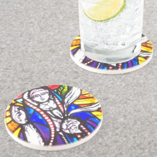 Posavasos Diseño de vidrio emplomado con figura religiosa.