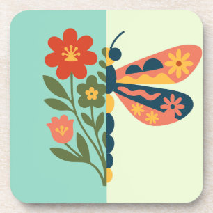 Posavasos Diseño gráfico de flor y mariposa colorido