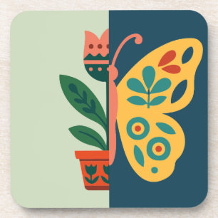 Posavasos Diseño gráfico dividido floral y mariposa colorido