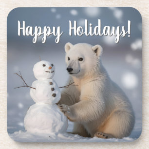 Posavasos Diseño Navideño de Cachorro de Oso Polar y Muñeco 