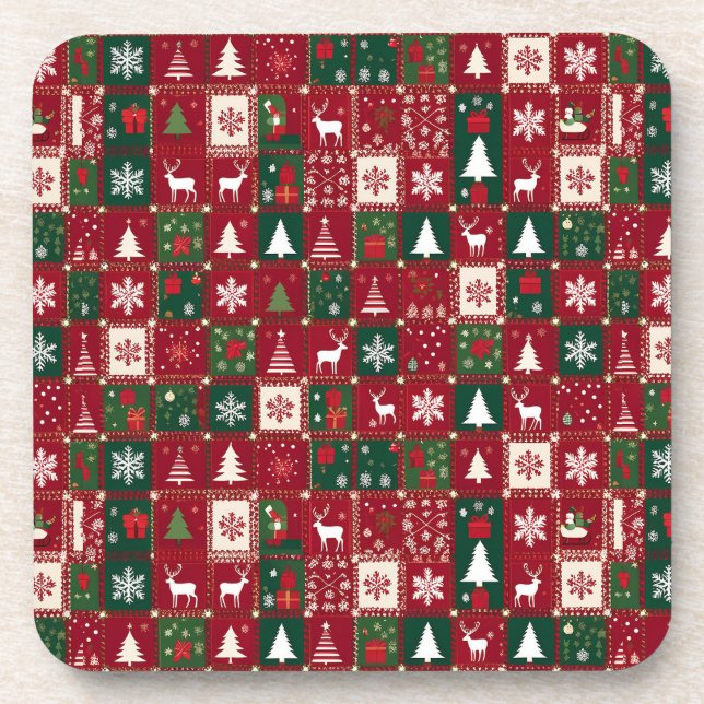 Posavasos Diseño Navideño Festivo de Cuadrícula Rojo (Frente)