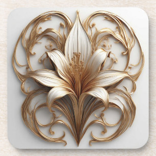 Posavasos Diseño Ornamental Elegante Flor de Lis Dorada Blan